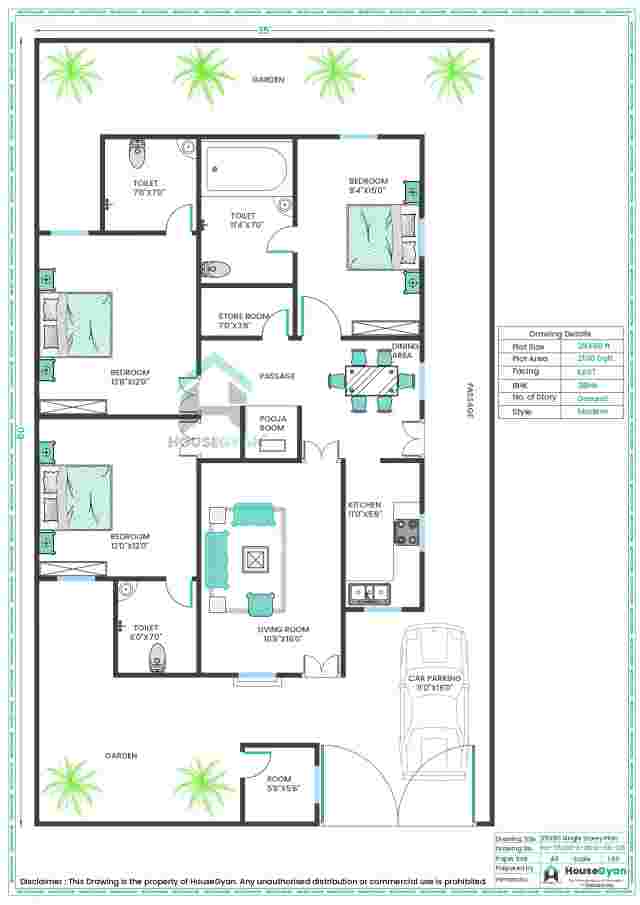 35X60 East Facing 3BHK Ground Floor House Plan | 2100 Sqft Plot Floor Plan