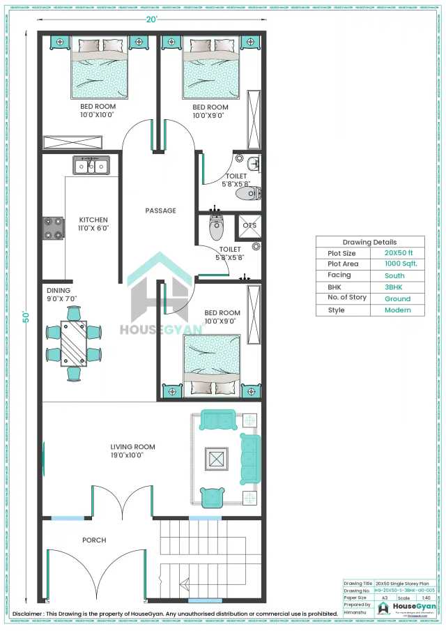 20X50 South Facing House Plan