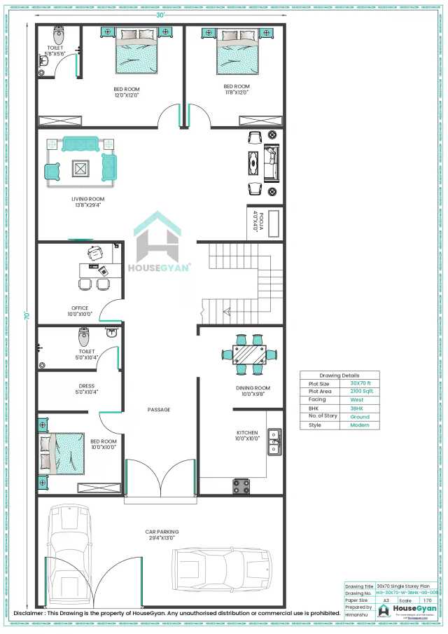 30X70 West Facing 3BHK Ground Floor House Plan | 2100 Sqft Plot Floor Plan