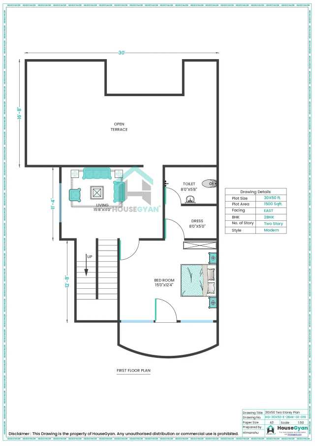 30X50 East Facing 2BHK First Floor House Plan | 1500 Sqft Plot Floor Plan