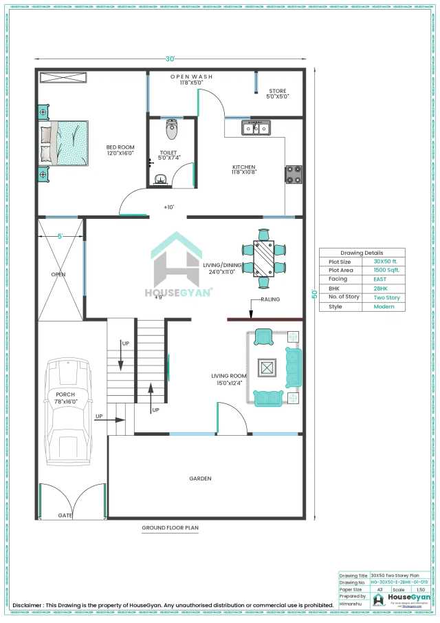 30X50 East Facing 2BHK First Floor House Plan | 1500 Sqft Plot Floor Plan