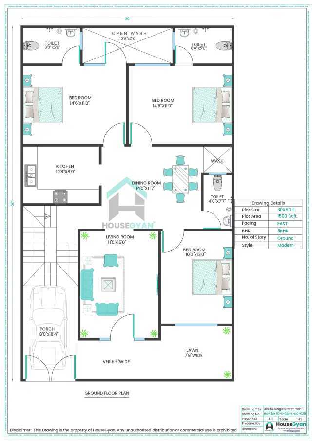30X50 East Facing 3BHK Ground Floor House Plan | 1500 Sqft Plot Floor Plan