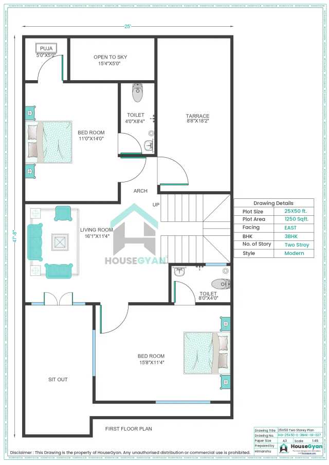 25X50 East Facing 3BHK First Floor House Plan | 1250 Sqft Plot Floor Plan