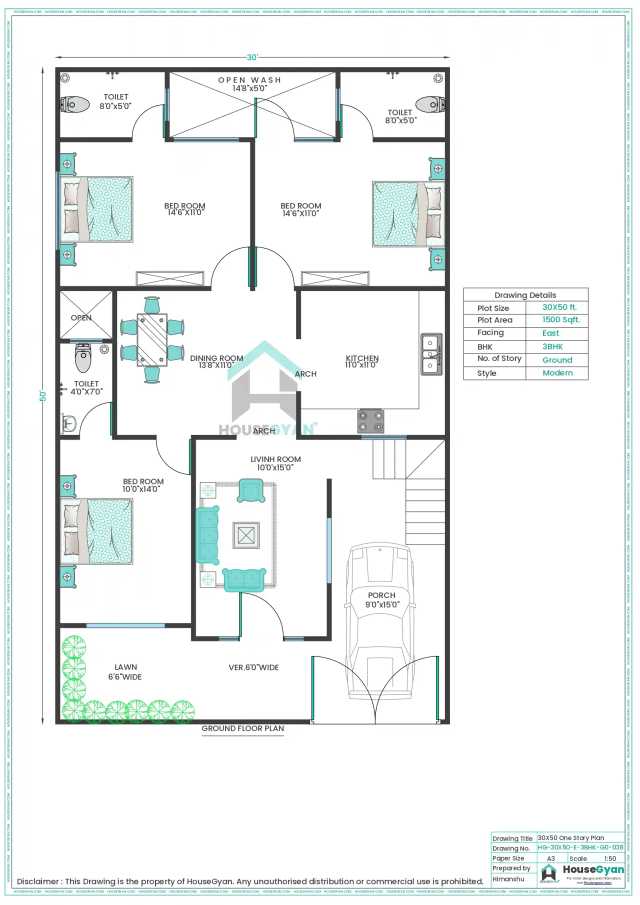30X50 East Facing 3BHK Ground Floor House Plan | 1500 Sqft Plot Floor Plan