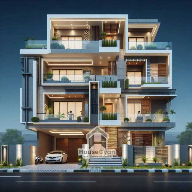 40x25 Four Storey 3D Front House Elevation Design