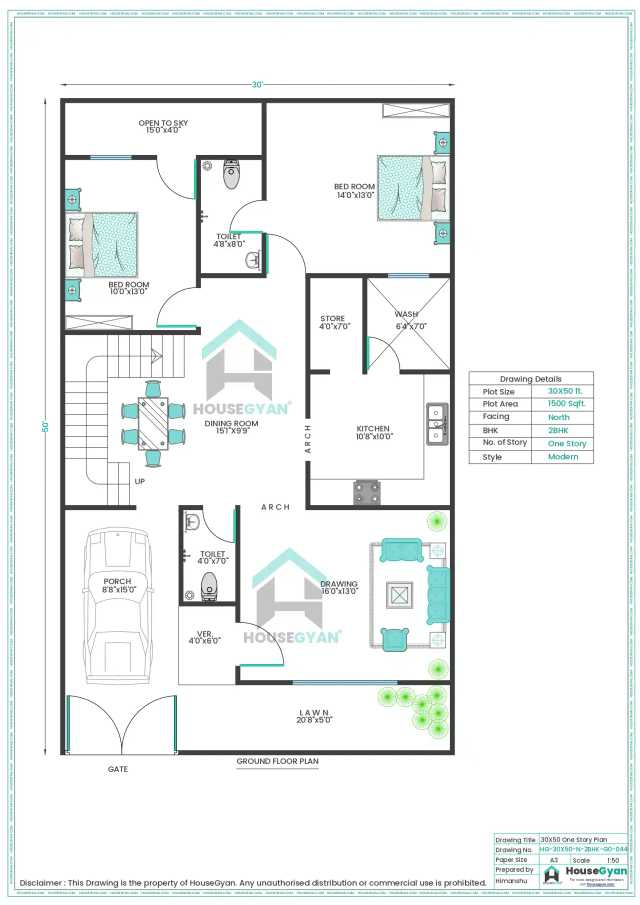 30X50 North Facing 2BHK Ground Floor House Plan | 1500 Sqft Plot Floor Plan