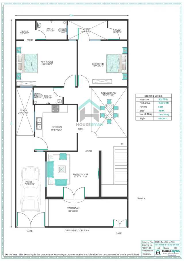 30X55 East Facing 4BHK First Floor House Plan 
