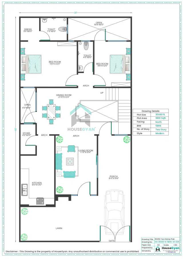30X60 North Facing 5BHK First Floor House Plan