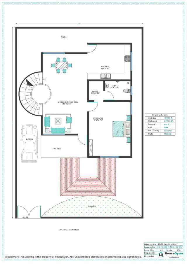 40X60 North Facing 1BHK Ground Floor House Plan 