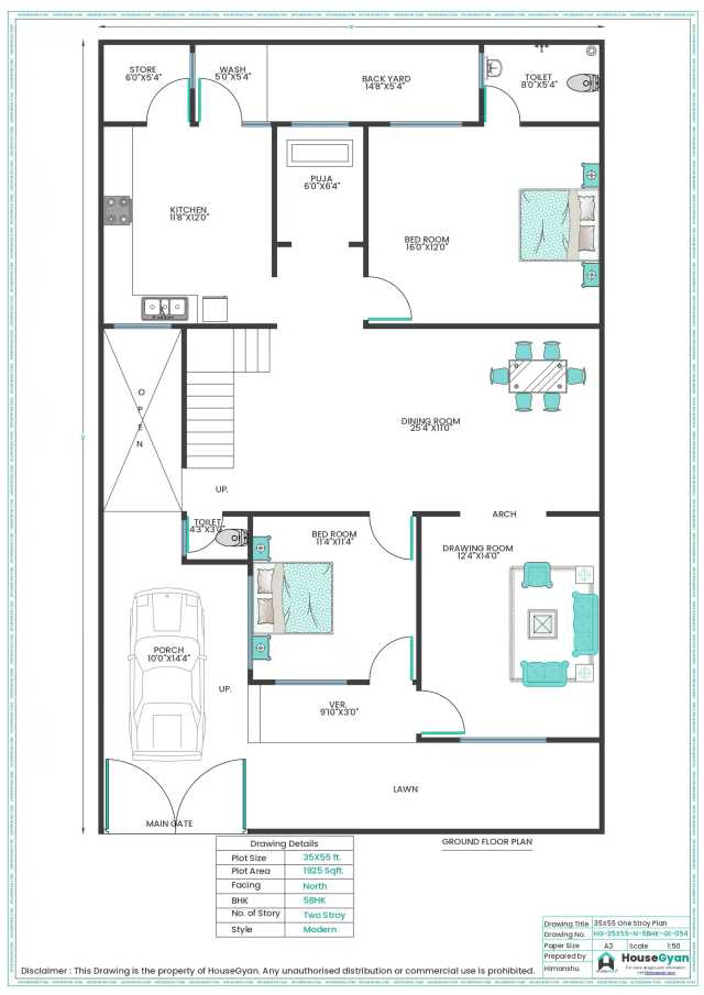 35X55 North Facing 5BHK First Floor House Plan