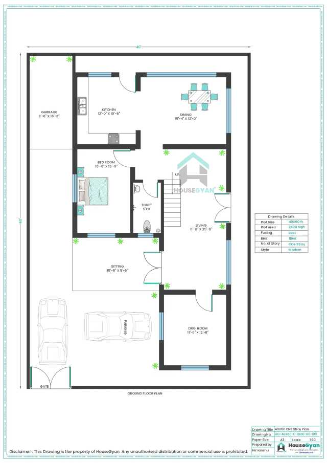 40X60 East Facing 1BHK Ground Floor House Plan | 2400 Sqft Plot Floor Plan