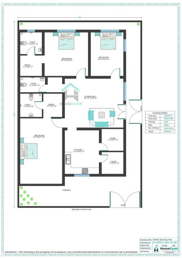 40X60 East Facing 3BHK Ground Floor House Plan