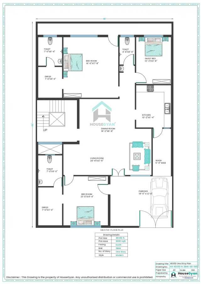 40X50 North Facing 3BHK Ground Floor House Plan | 2000 Sqft Plot Floor Plan