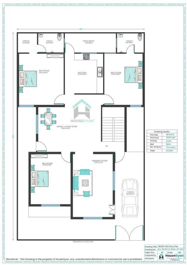 40X65 North Facing 6BHK First Floor House Plan