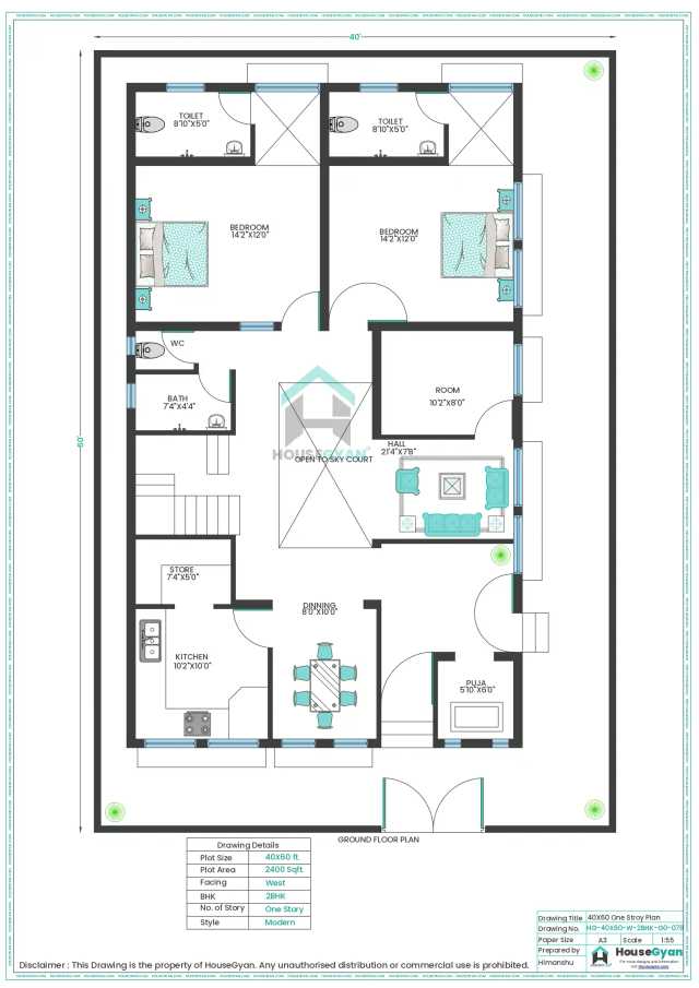40X60 West Facing 2BHK Ground Floor House Plan | 2400 Sqft Plot Floor Plan