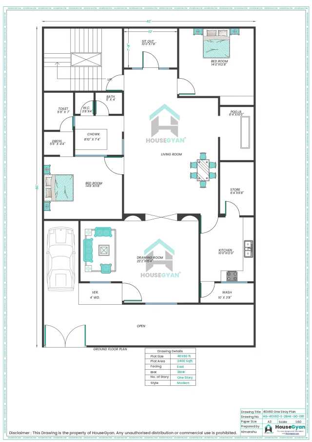 40X60 East Facing 2BHK Ground Floor House Plan | 2400 Sqft Plot Floor Plan