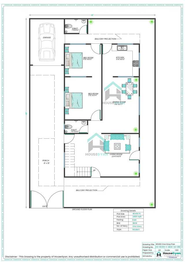 40X60 East Facing 2BHK Ground Floor House Plan | 2400 Sqft Plot Floor Plan