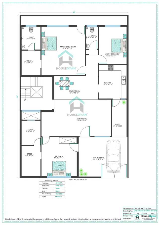 40X60 West Facing 3BHK Ground Floor House Plan | 2400 Sqft Plot Floor Plan