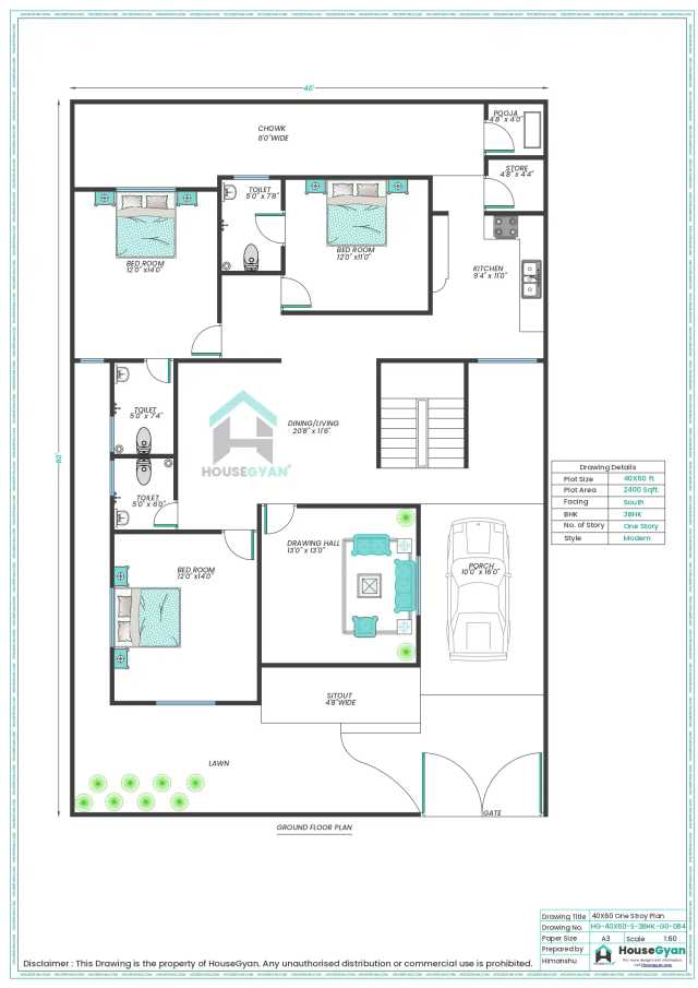 40X60 South Facing 3BHK Ground Floor House Plan