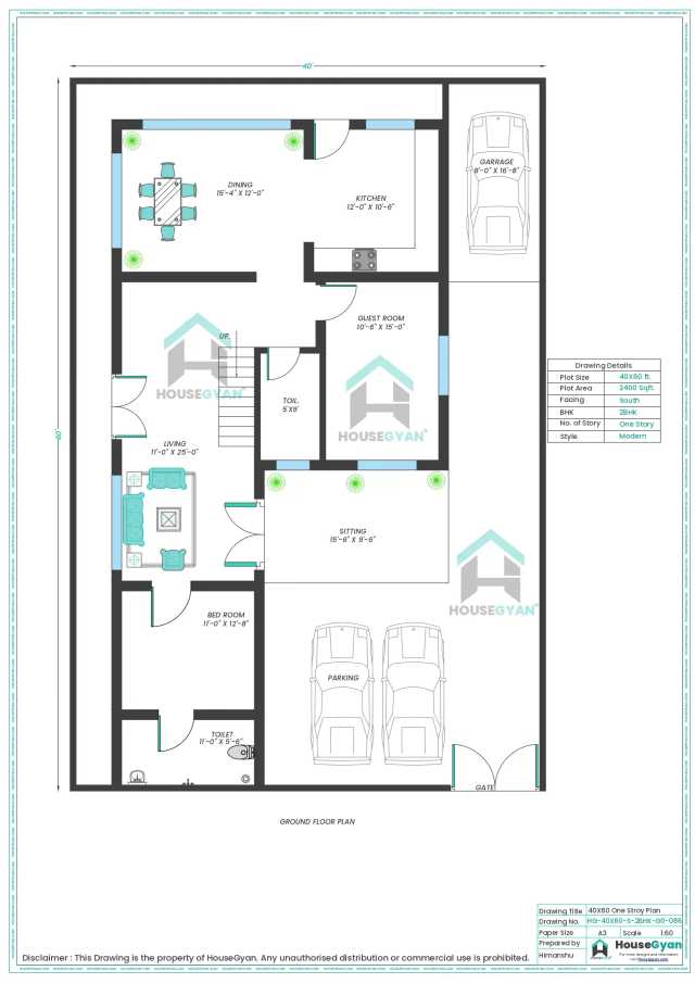 40X60 South Facing 2BHK Ground Floor House Plan