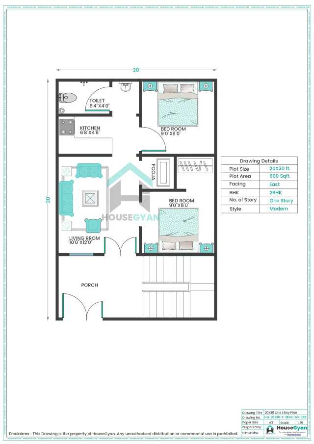 20X30 East Facing 2BHK Ground Floor House Plan | 600 Sqft Plot Floor Plan