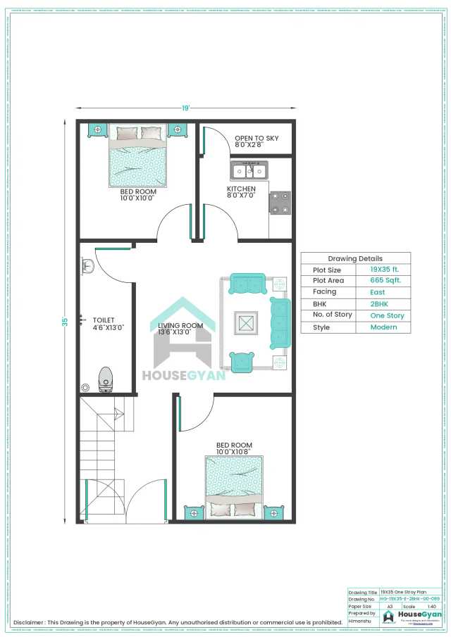 19X35 East Facing 2BHK Ground Floor House Plan | 665 Sqft Plot Floor Plan