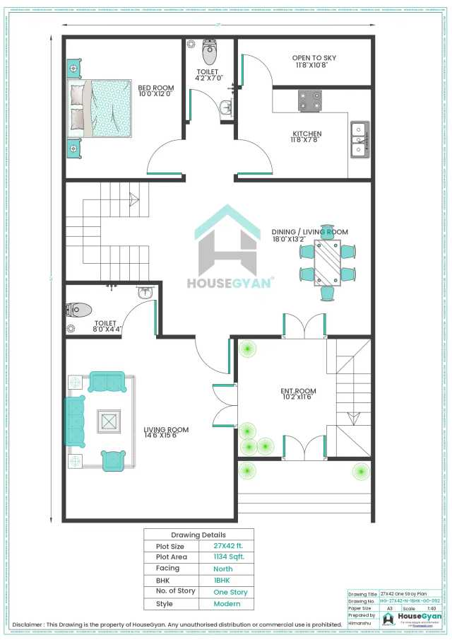 27X42 North Facing 1BHK Ground Floor House Plan | 1134 Sqft Plot Floor Plan