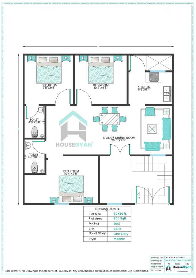30X30 East Facing 3BHK Ground Floor House Plan