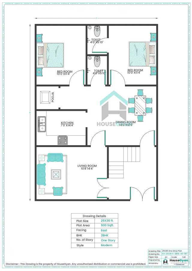 25X36 East Facing 2BHK Ground Floor House Plan | 900 Sqft Plot Floor Plan