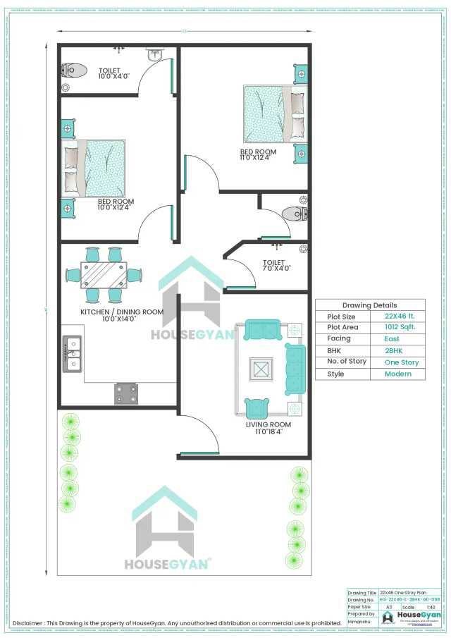 22X46 East Facing 2BHK Ground Floor House Plan | 1012 Sqft Plot Floor Plan