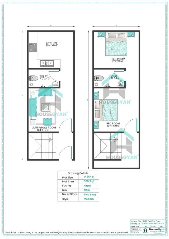 10X30 North Facing 2BHK First Floor House Plan