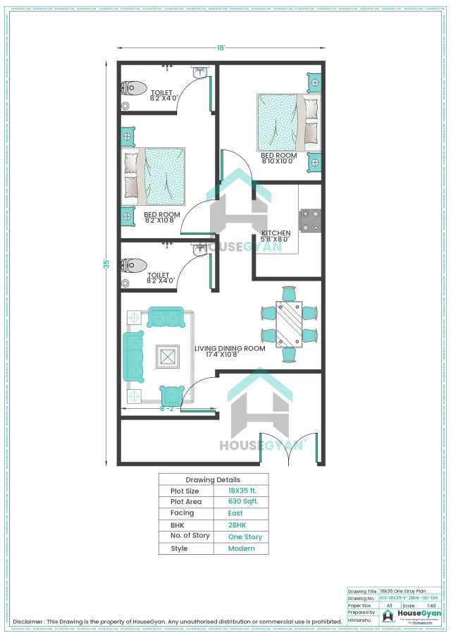 18X35 East Facing 2BHK Ground Floor House Plan | 630 Sqft Plot Floor Plan