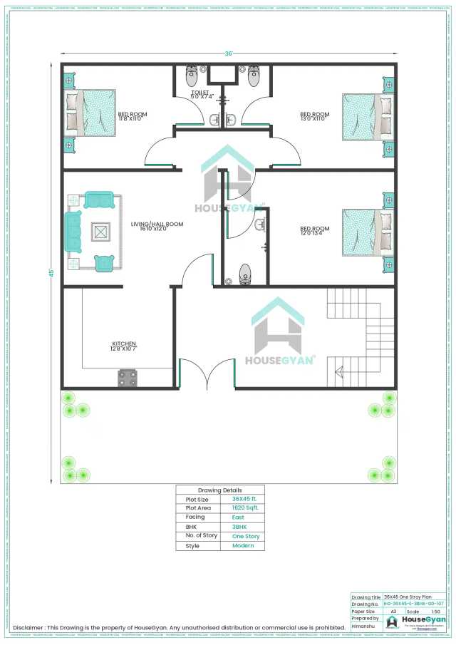 36X45 East Facing 3BHK Ground Floor House Plan