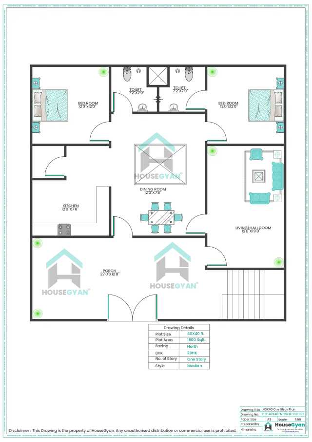 40X40 North Facing 2BHK Ground Floor House Plan | 1600 Sqft Plot Floor Plan