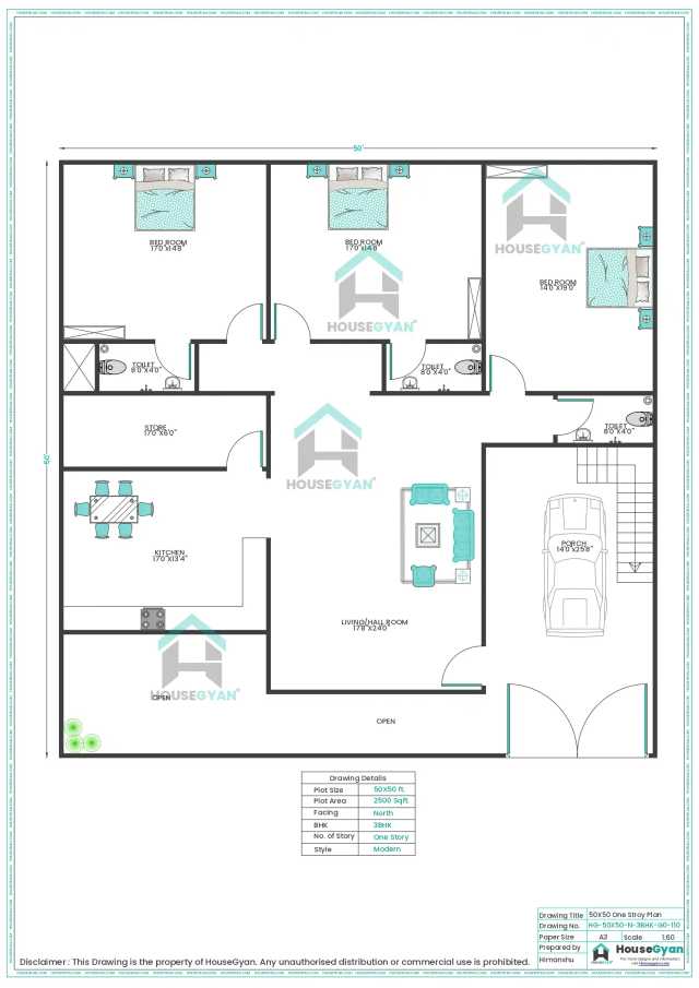 50X50 North Facing 3BHK Ground Floor House Plan | 2500 Sqft Plot Floor Plan
