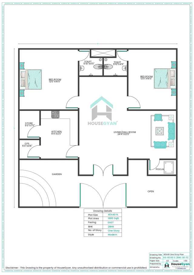 40X40 East Facing 2BHK Ground Floor House Plan