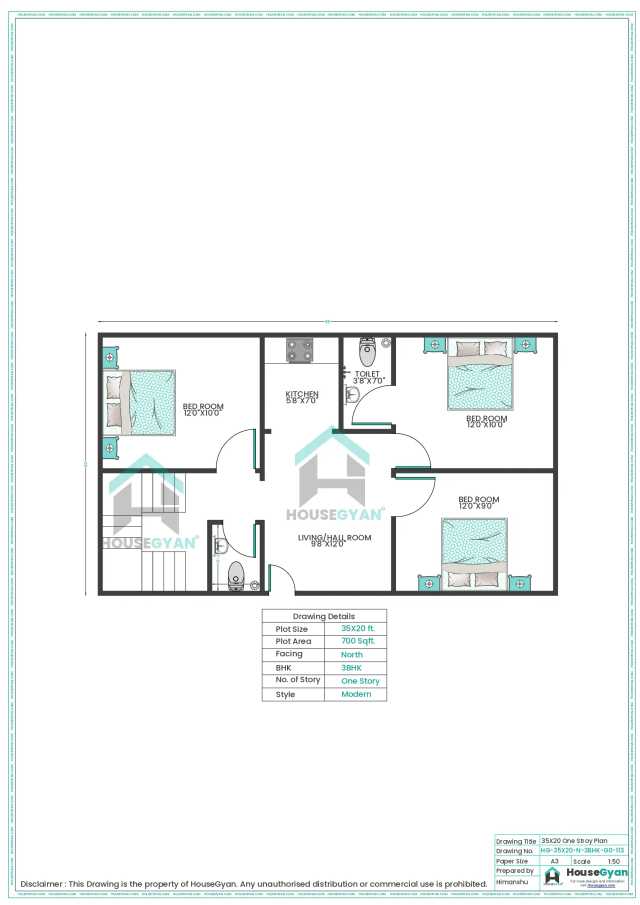 35X20 North Facing 3BHK Ground Floor House Plan
