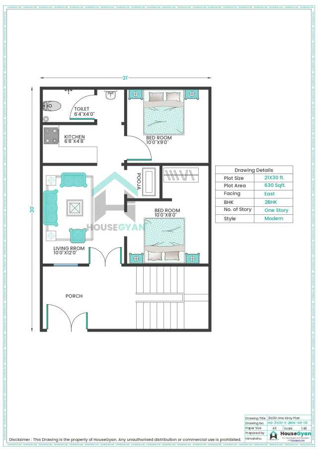 21X30 East Facing 2BHK Ground Floor House Plan | 630 Sqft Plot Floor Plan