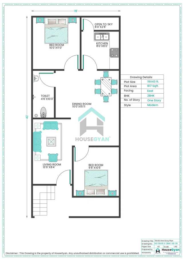 19X43 East Facing 2BHK Ground Floor House Plan | 817 Sqft Plot Floor Plan