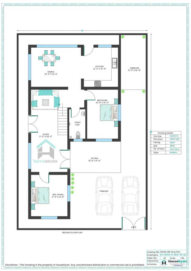 40X60 West Facing 2BHK Ground Floor House Plan | 2400 Sqft Plot Floor Plan