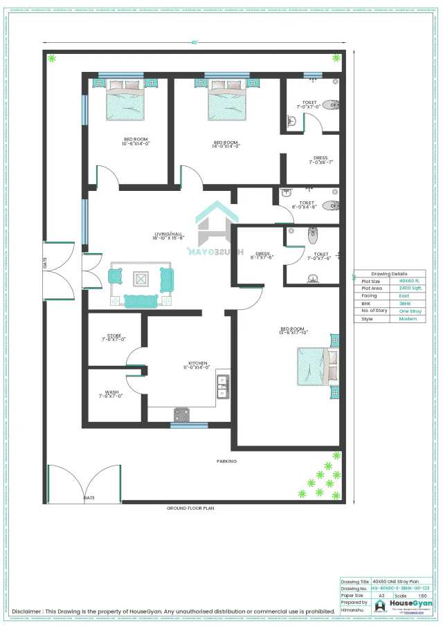 40X60 East Facing 3BHK Ground Floor House Plan | 2400 Sqft Plot Floor Plan