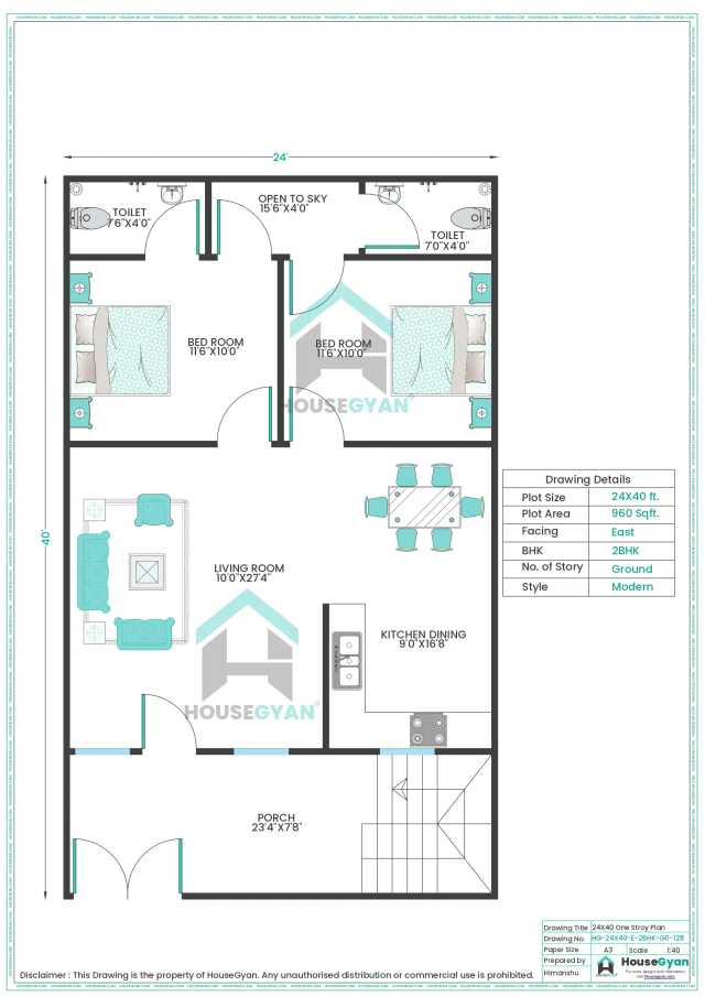 24X40 East Facing 2BHK Ground Floor House Plan | 960 Sqft Plot Floor Plan