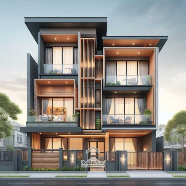 44X58 Three Storey 3D Front House Elevation Design