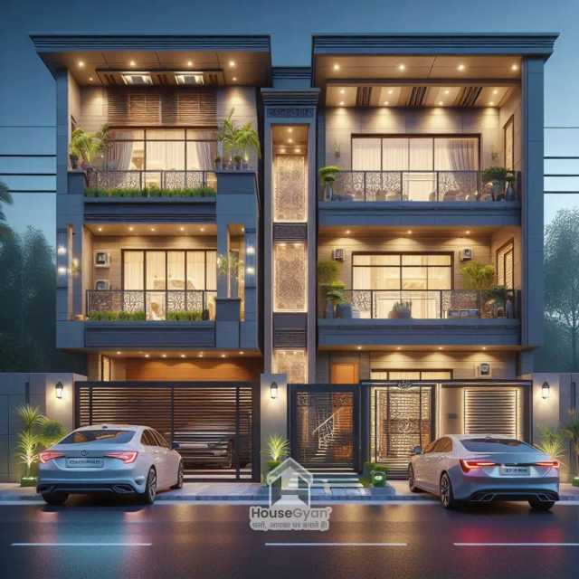 1440 sqft Triple storey 3D Front House Elevation Design