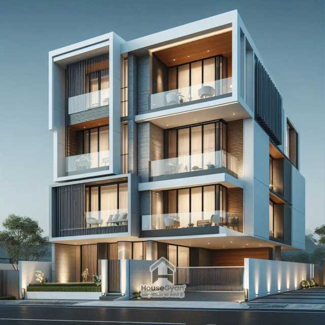 30X70 Four Storey 3D Front House Elevation Design