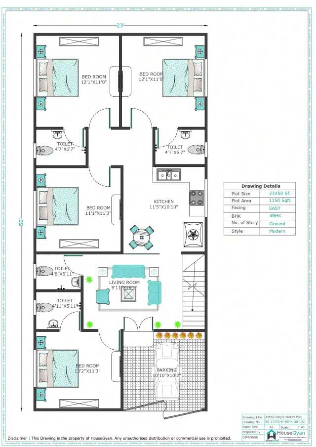 23X50 East Facing 4BHK Ground Floor House Plan 