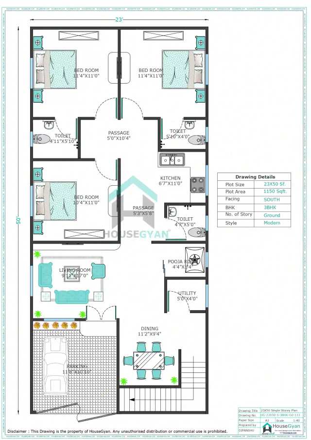 23X50 South Facing 3BHK Ground Floor House Plan 