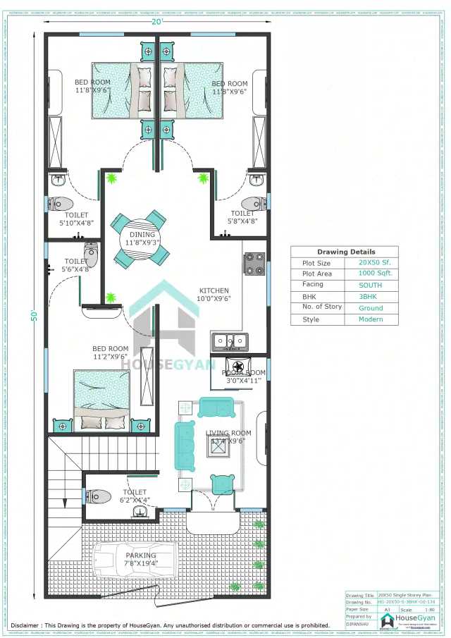20X50 South Facing 3BHK Ground Floor House Plan