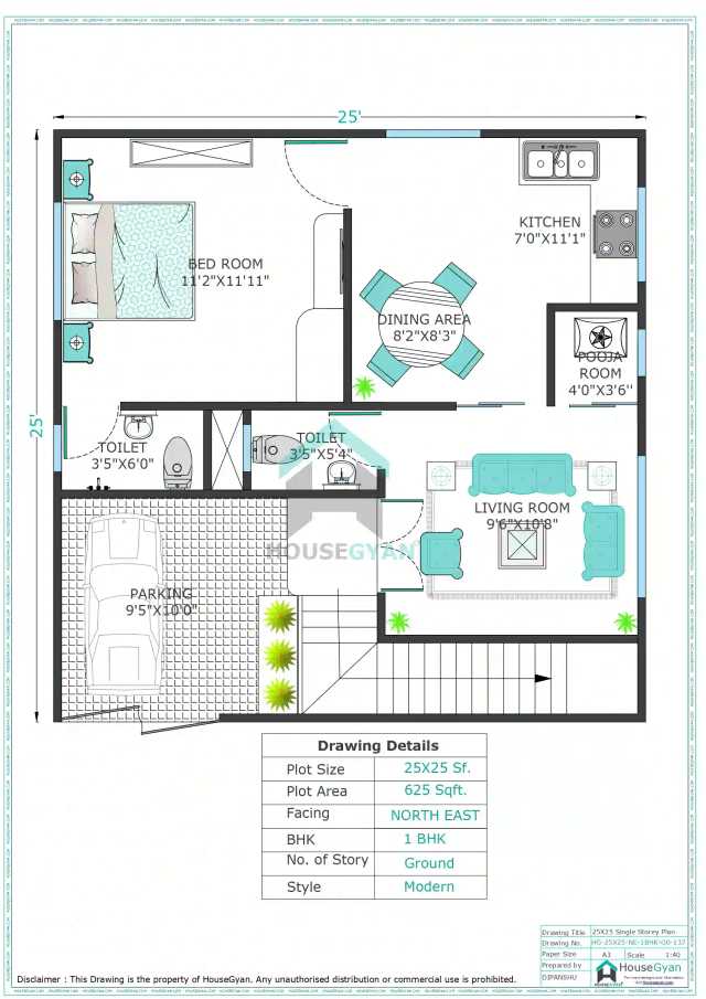 25X25 North East Facing 1BHK Ground Floor House Plan | 625 Sqft Plot Floor Plan
