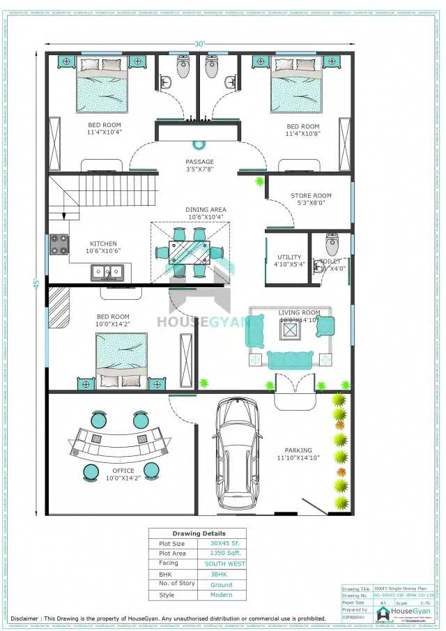 30X45 South West Facing 3BHK Ground Floor House Plan | 1350 Sqft Plot Floor Plan